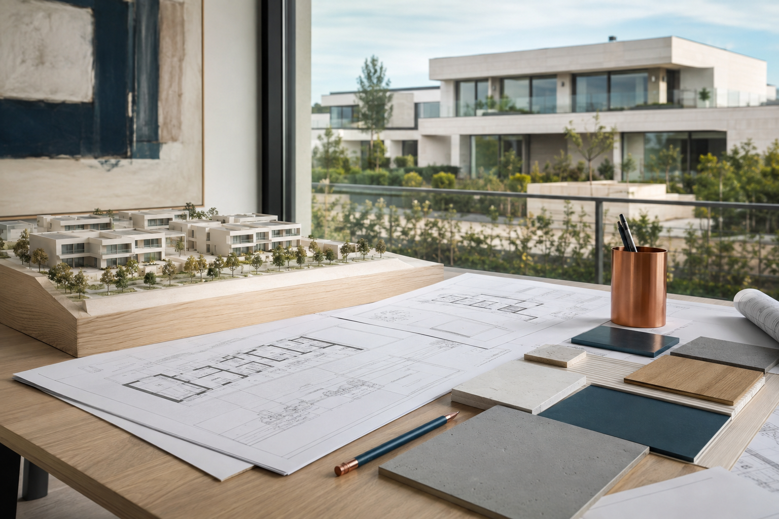 Planos y maqueta de una promoción residencial contemporánea