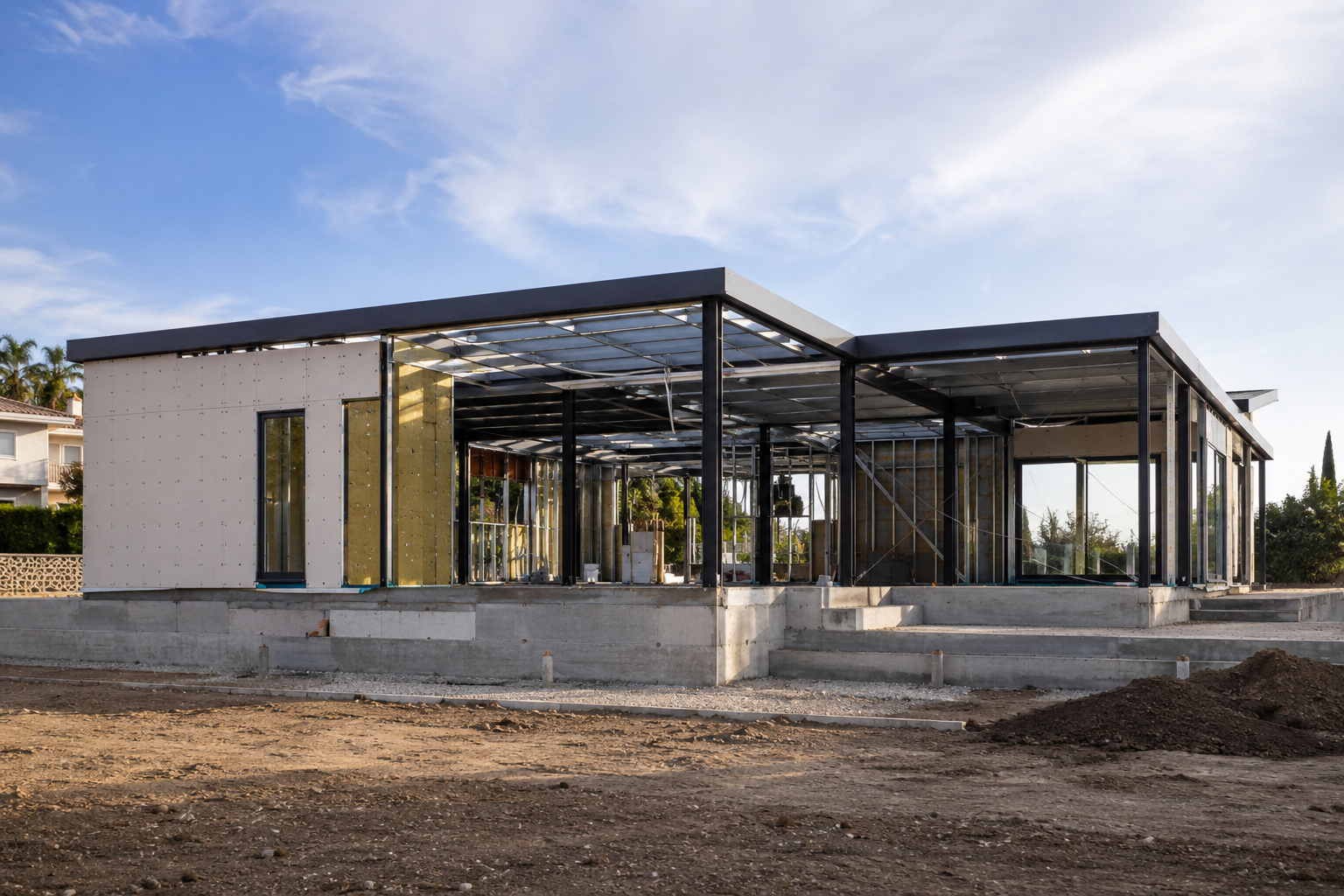 Vivienda de una planta con estructura metálica durante su construcción