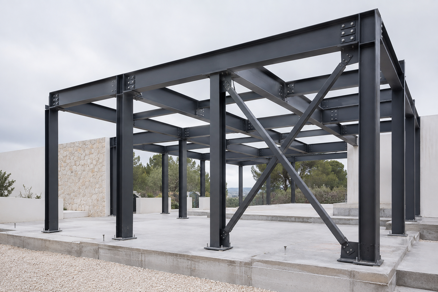 Estructura metálica ejecutada sobre cimentación de hormigón